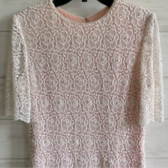 VINTAGE George F. Couture NewYork White Lace Beaded & Pleated Bottom Dress Sz 12 - Picture 2 of 7